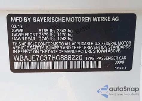 2017 BMW 540I xDrive from USA, damaged, VIN WBAJE7C37HG888220